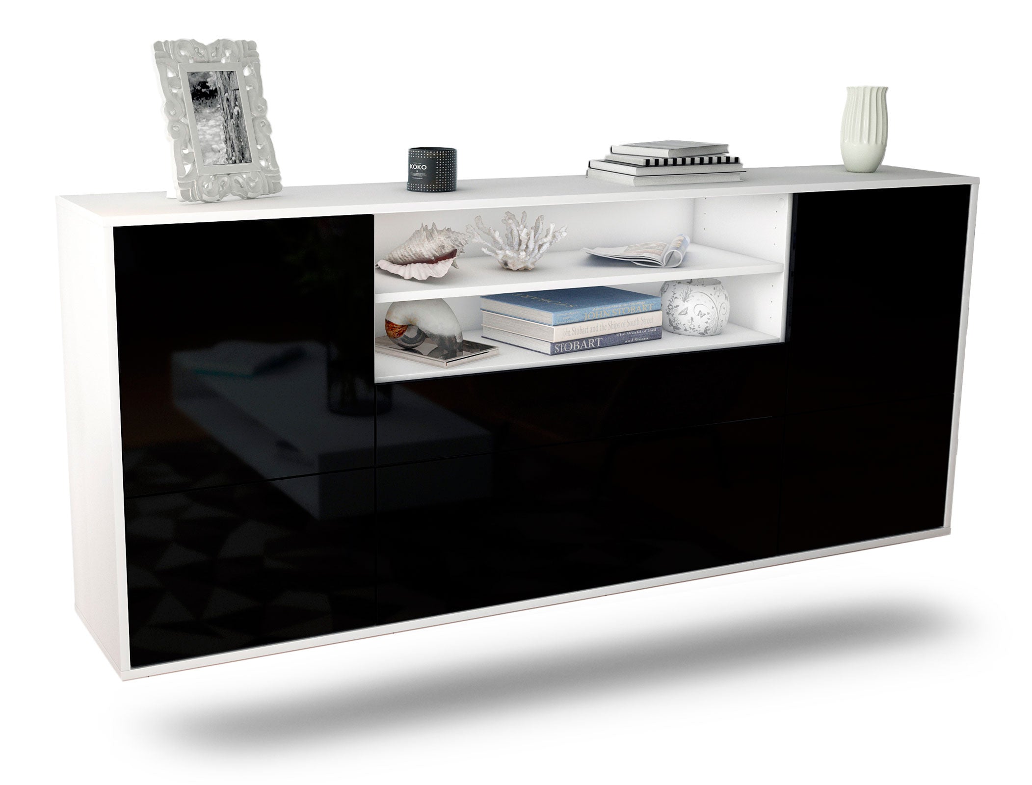 Sideboard Escondido | hängend | Korpus Weiß | Front in Hochglanz Schwarz | 180x79x35cm (BxHxT) 1 Sideboard Escondido | hängend | Korpus Weiß | Front in Hochglanz Schwarz | 180x79x35cm (BxHxT)