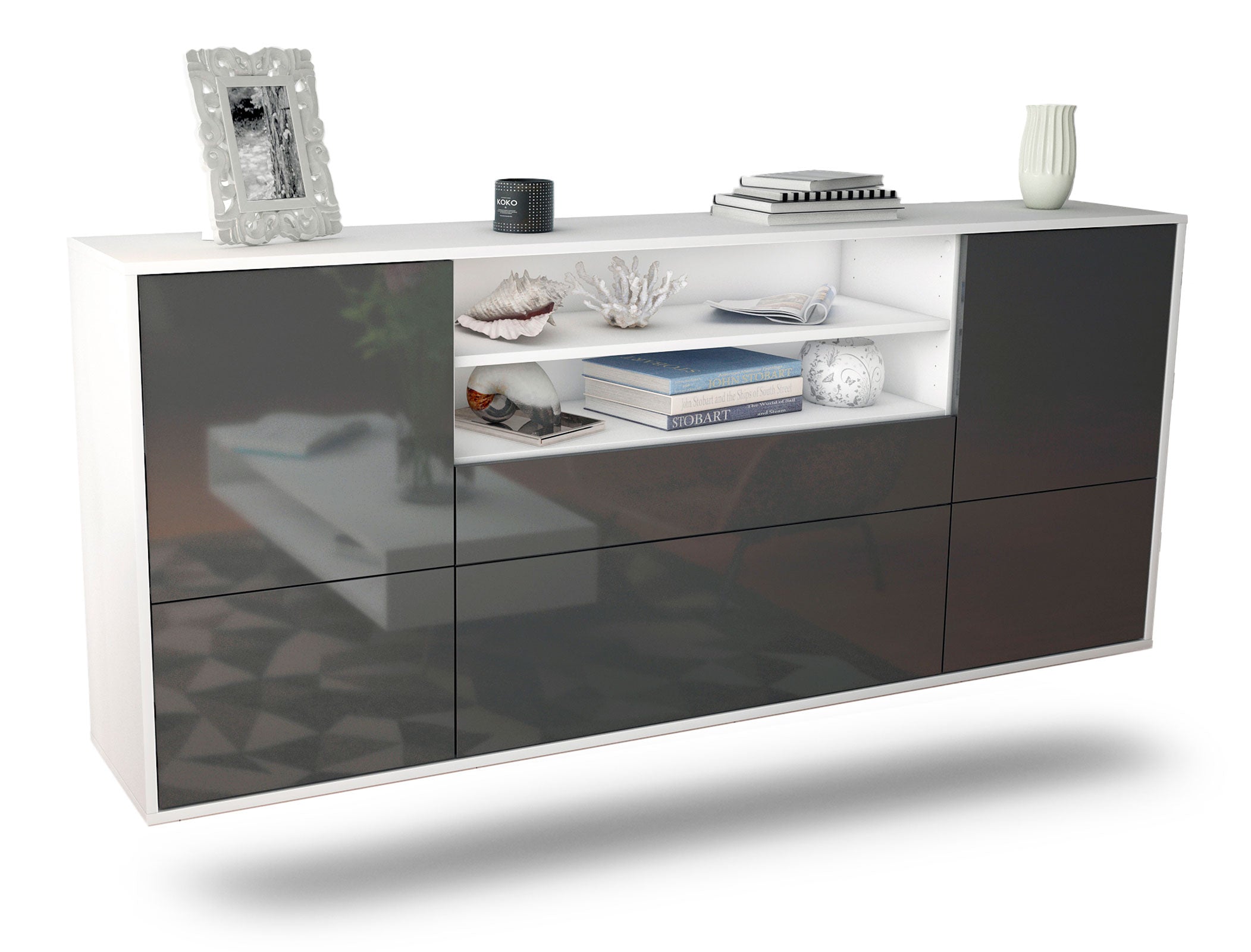 Sideboard Escondido | hängend | Korpus Weiß | Front in Hochglanz Grau | 180x79x35cm (BxHxT) 1 Sideboard Escondido | hängend | Korpus Weiß | Front in Hochglanz Grau | 180x79x35cm (BxHxT)