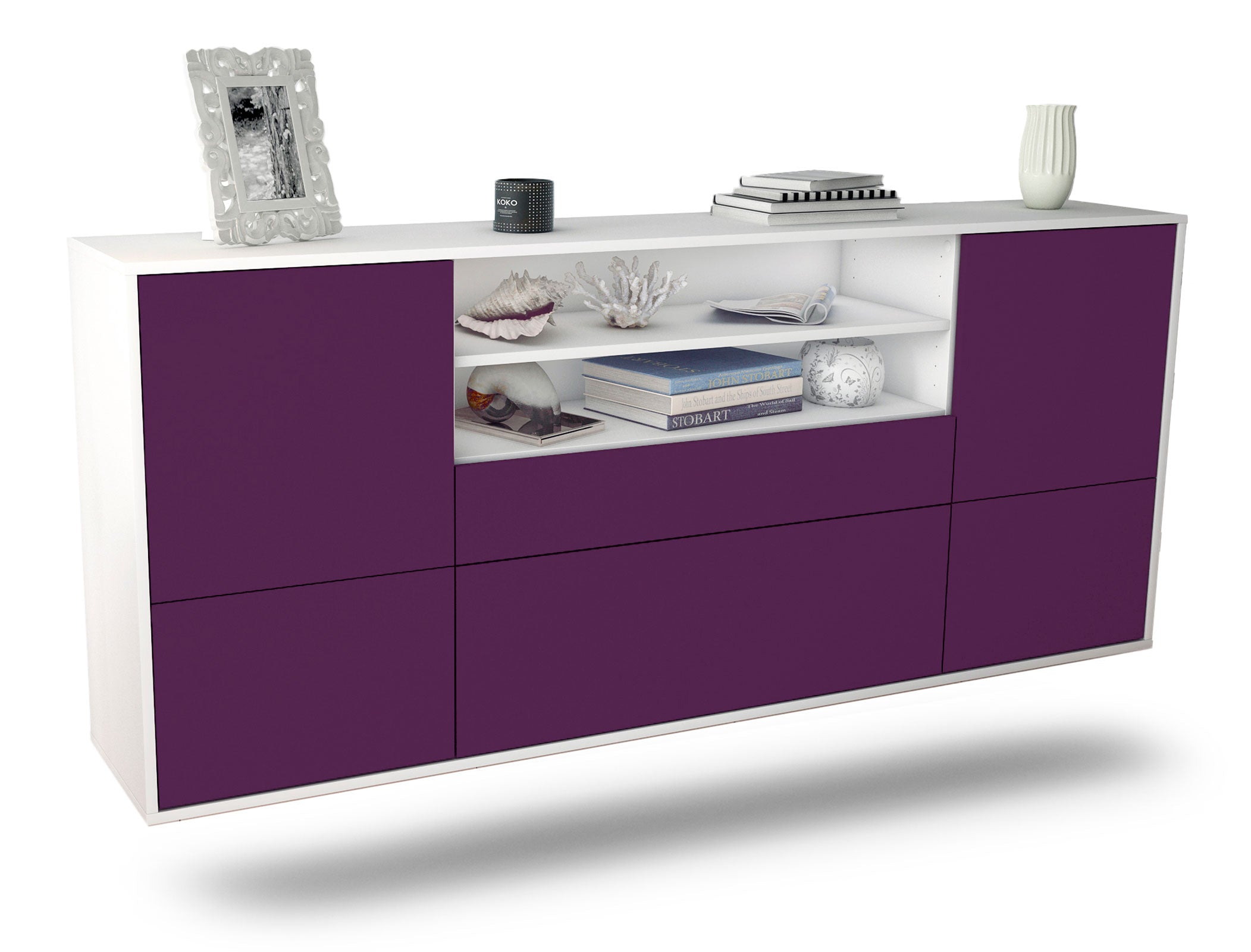 Sideboard Escondido | hängend | Korpus Weiß | Front in Lila | 180x79x35cm (BxHxT) 1 Sideboard Escondido | hängend | Korpus Weiß | Front in Lila | 180x79x35cm (BxHxT)