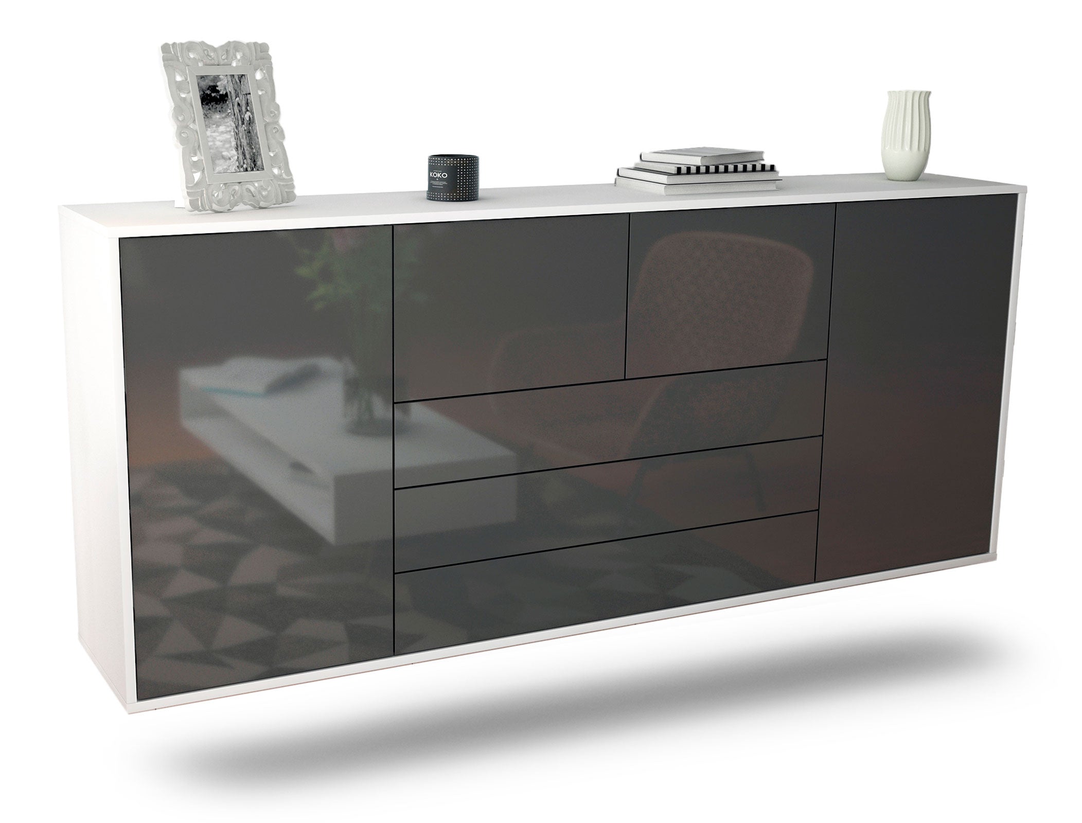 Sideboard Metairie | hängend | Korpus Weiß | Front in Hochglanz Grau | 180x79x35cm (BxHxT) 1 Sideboard Metairie | hängend | Korpus Weiß | Front in Hochglanz Grau | 180x79x35cm (BxHxT)