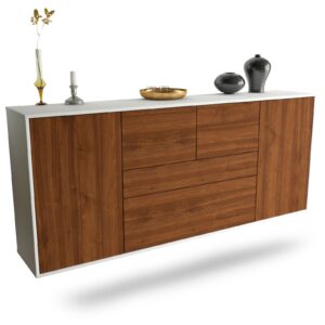 Sideboard Orange | hängend | Korpus Weiß | Front in Walnuss Holz Optik | 180x79x35cm (BxHxT)