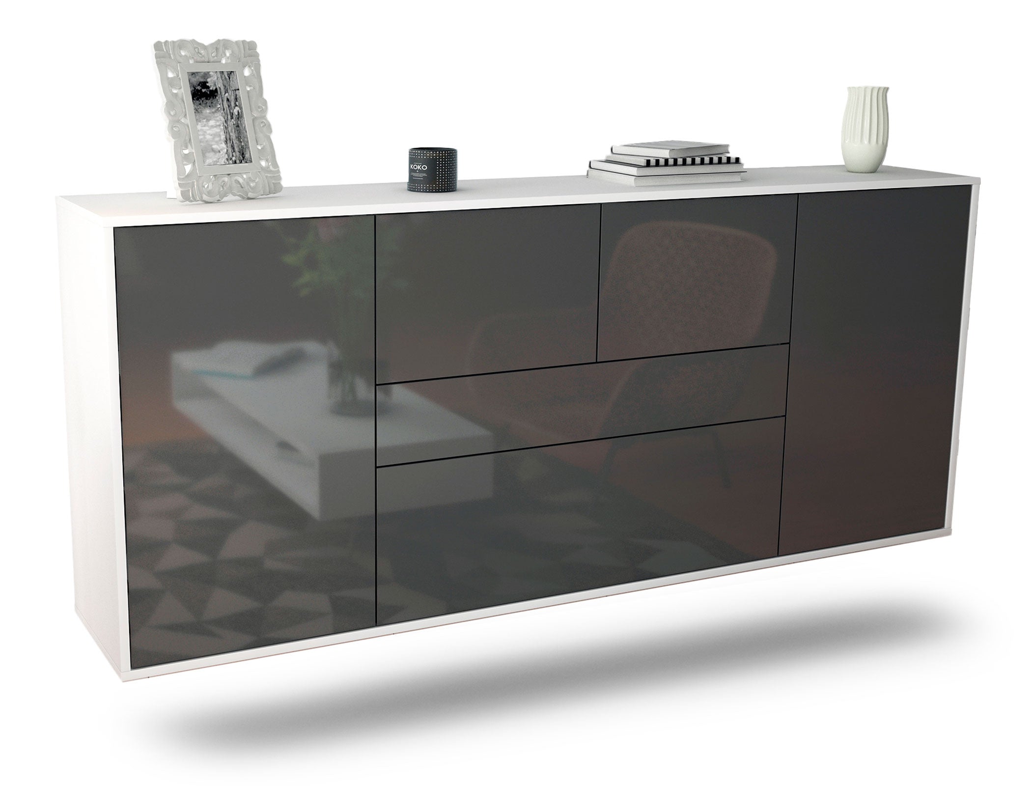Sideboard Orange | hängend | Korpus Weiß | Front in Hochglanz Grau | 180x79x35cm (BxHxT) 1 Sideboard Orange | hängend | Korpus Weiß | Front in Hochglanz Grau | 180x79x35cm (BxHxT)