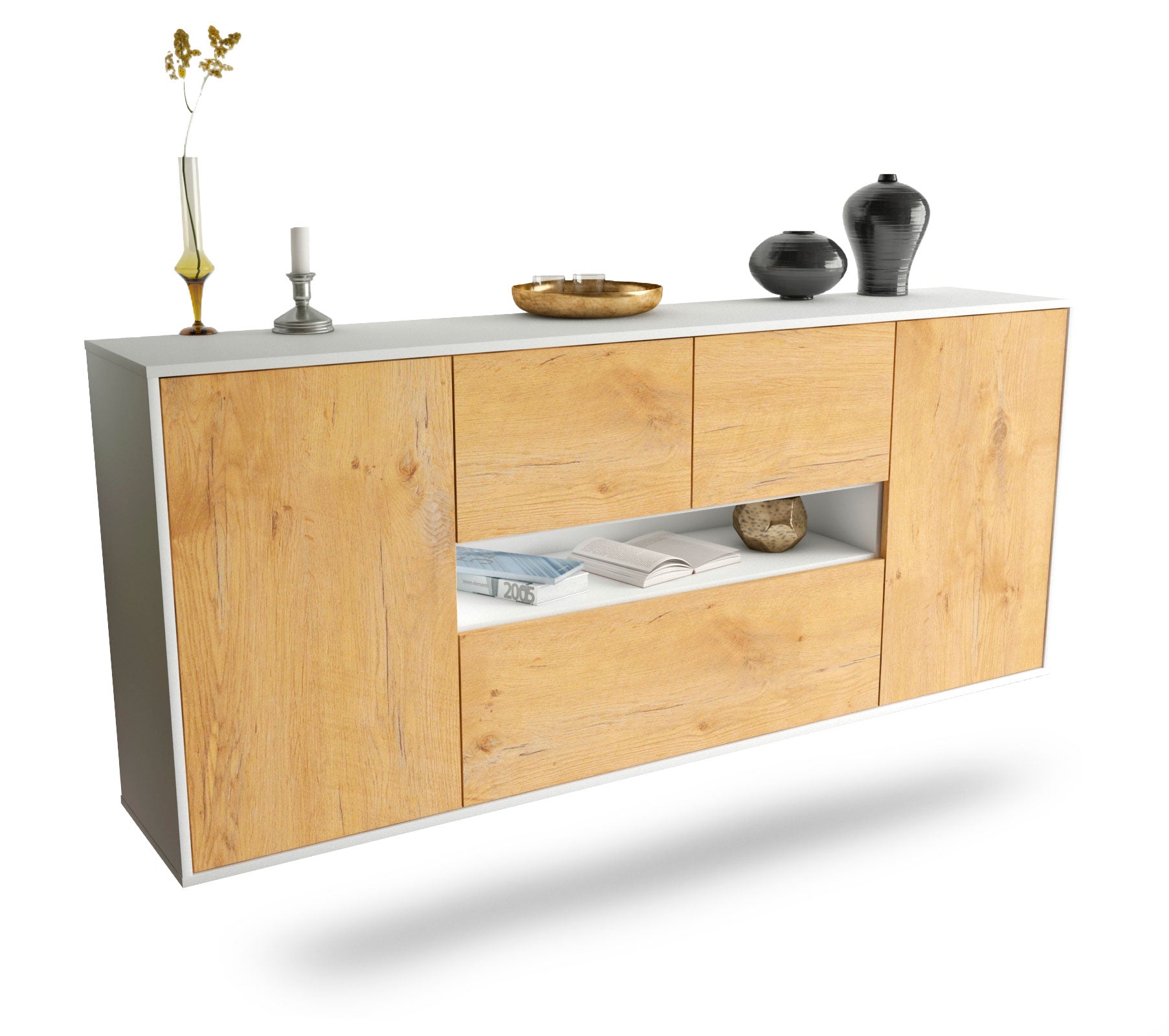 Sideboard Warren | hängend | Korpus Weiß | Front in Eiche Holz Optik | 180x79x35cm (BxHxT) 1 Sideboard Warren | hängend | Korpus Weiß | Front in Eiche Holz Optik | 180x79x35cm (BxHxT)