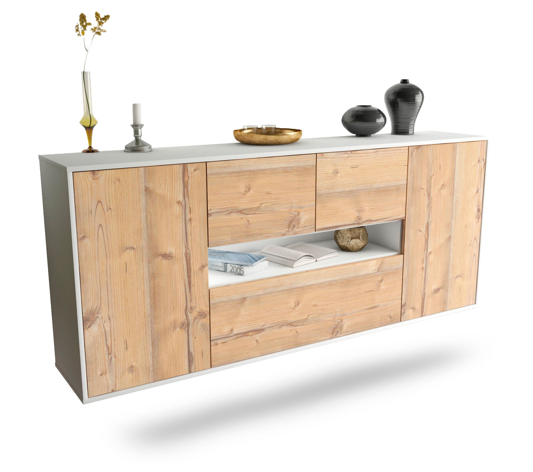 Sideboard Warren | hängend | Korpus Weiß | Front in Pinie Holz Optik | 180x79x35cm (BxHxT) 1 Sideboard Warren | hängend | Korpus Weiß | Front in Pinie Holz Optik | 180x79x35cm (BxHxT)
