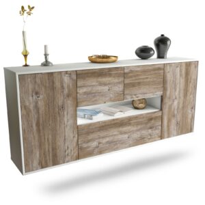 Sideboard Warren | hängend | Korpus Weiß | Front in Treibholz Holz Optik | 180x79x35cm (BxHxT)