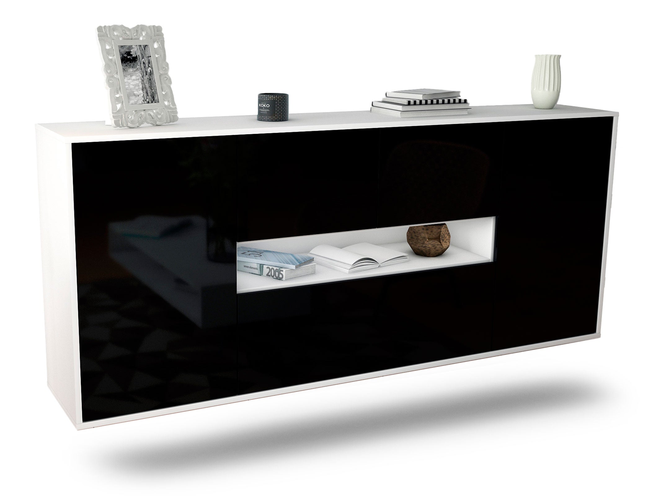 Sideboard Warren | hängend | Korpus Weiß | Front in Hochglanz Schwarz | 180x79x35cm (BxHxT) 1 Sideboard Warren | hängend | Korpus Weiß | Front in Hochglanz Schwarz | 180x79x35cm (BxHxT)