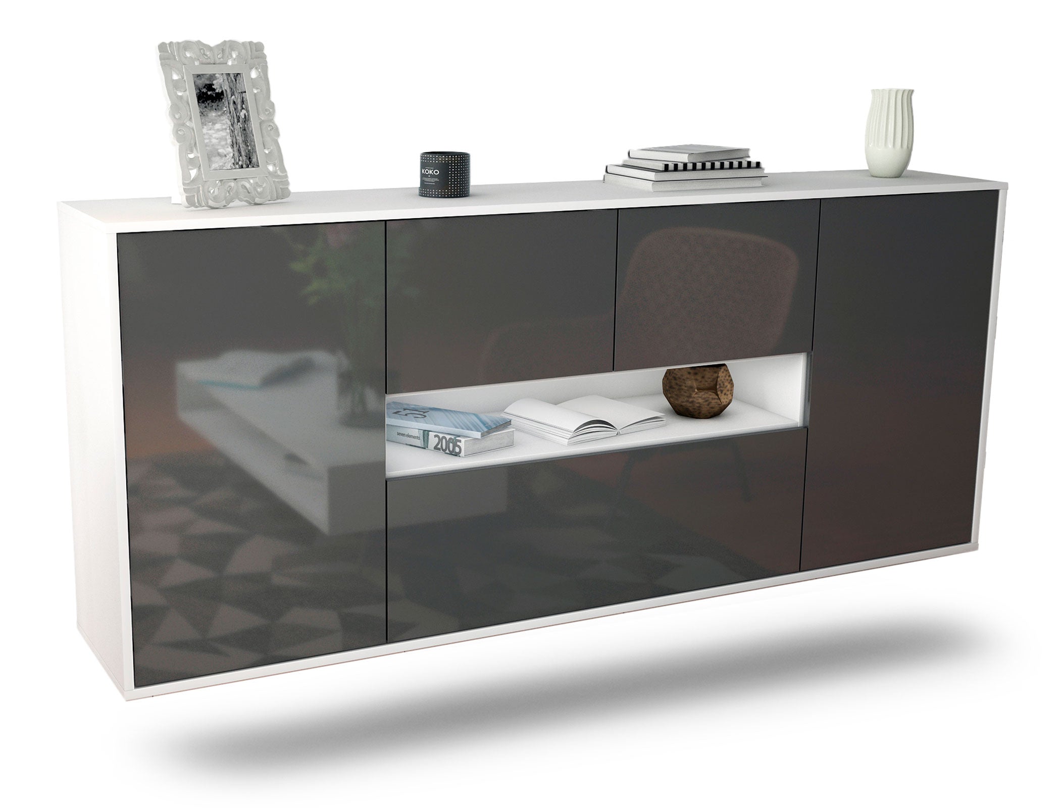 Sideboard Warren | hängend | Korpus Weiß | Front in Hochglanz Grau | 180x79x35cm (BxHxT) 1 Sideboard Warren | hängend | Korpus Weiß | Front in Hochglanz Grau | 180x79x35cm (BxHxT)