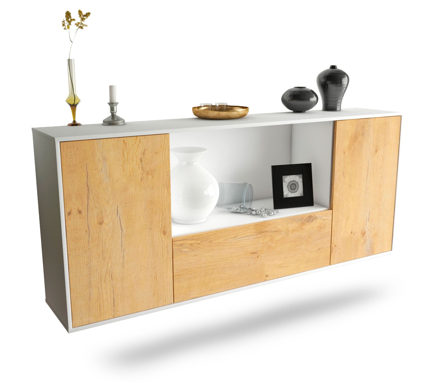 Sideboard Fort Collins | hängend | Korpus Weiß | Front in Eiche Holz Optik | 180x79x35cm (BxHxT) 1 Sideboard Fort Collins | hängend | Korpus Weiß | Front in Eiche Holz Optik | 180x79x35cm (BxHxT)