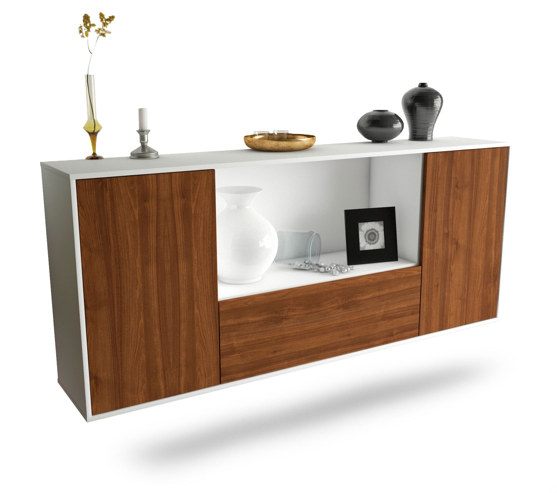 Sideboard Fort Collins | hängend | Korpus Weiß | Front in Walnuss Holz Optik | 180x79x35cm (BxHxT) 1 Sideboard Fort Collins | hängend | Korpus Weiß | Front in Walnuss Holz Optik | 180x79x35cm (BxHxT)
