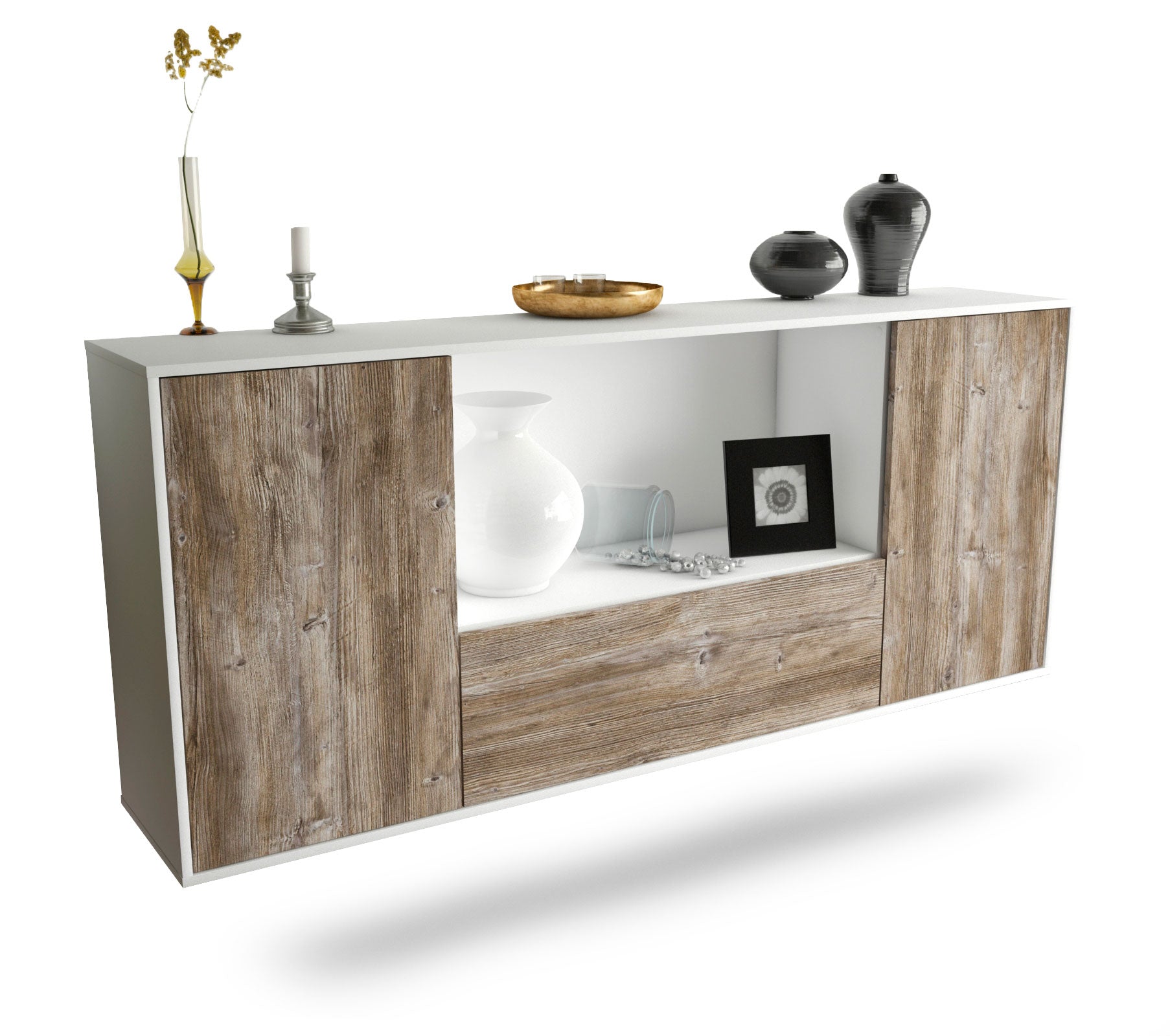 Sideboard Fort Collins | hängend | Korpus Weiß | Front in Treibholz Holz Optik | 180x79x35cm (BxHxT) 1 Sideboard Fort Collins | hängend | Korpus Weiß | Front in Treibholz Holz Optik | 180x79x35cm (BxHxT)