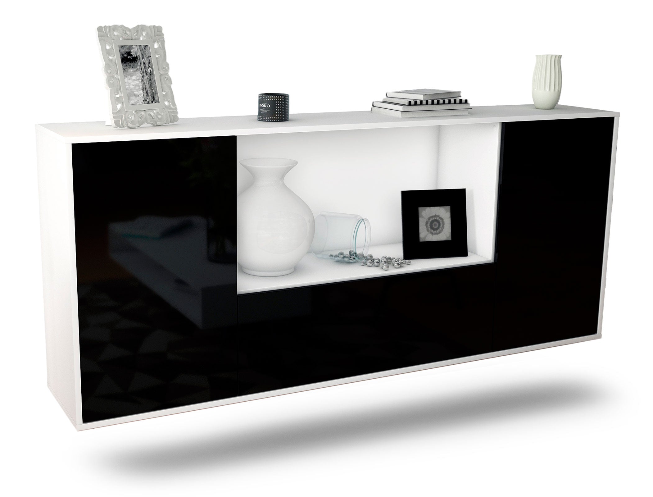 Sideboard Fort Collins | hängend | Korpus Weiß | Front in Hochglanz Schwarz | 180x79x35cm (BxHxT) 1 Sideboard Fort Collins | hängend | Korpus Weiß | Front in Hochglanz Schwarz | 180x79x35cm (BxHxT)