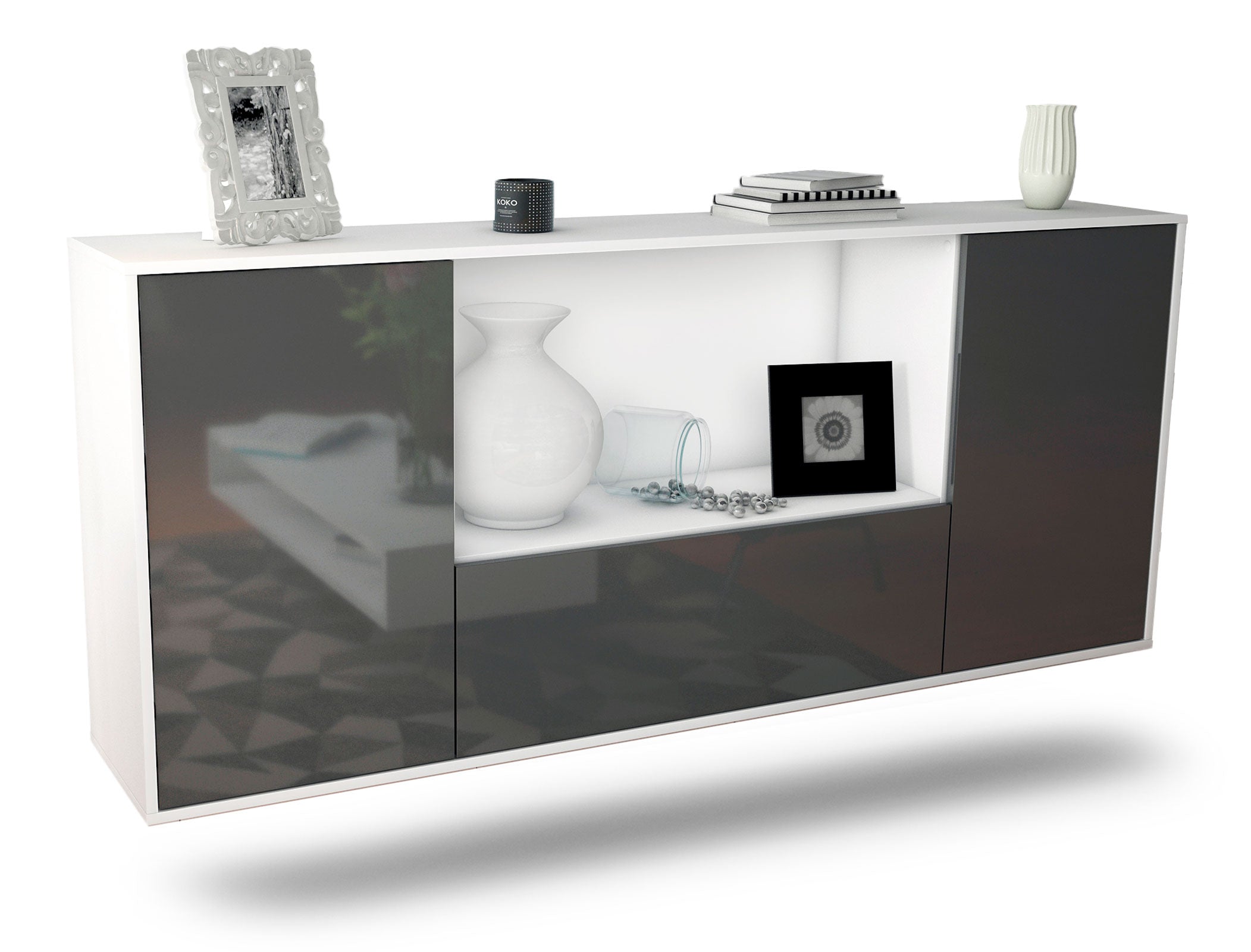 Sideboard Fort Collins | hängend | Korpus Weiß | Front in Hochglanz Grau | 180x79x35cm (BxHxT) 1 Sideboard Fort Collins | hängend | Korpus Weiß | Front in Hochglanz Grau | 180x79x35cm (BxHxT)