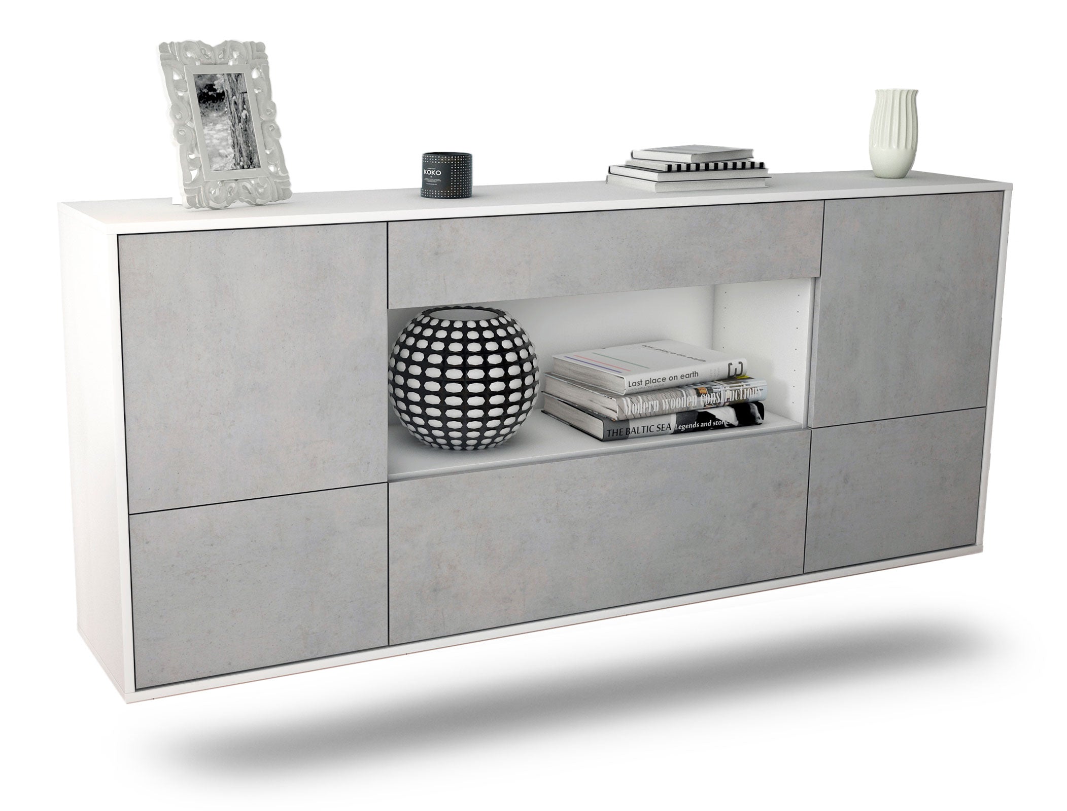 Sideboard East Los Angeles | hängend | Korpus Weiß | Front in Beton Optik | 180x79x35cm (BxHxT) 1 Sideboard East Los Angeles | hängend | Korpus Weiß | Front in Beton Optik | 180x79x35cm (BxHxT)