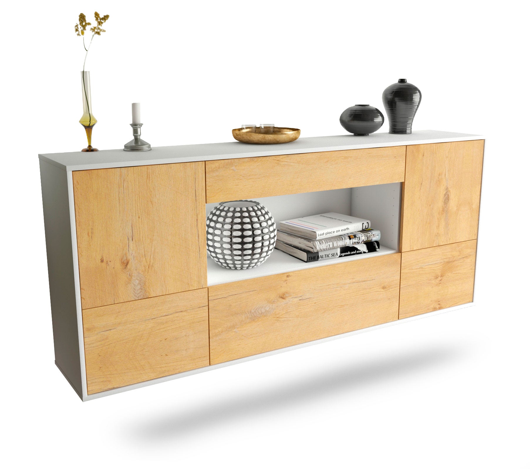 Sideboard East Los Angeles | hängend | Korpus Weiß | Front in Eiche Holz Optik | 180x79x35cm (BxHxT) 1 Sideboard East Los Angeles | hängend | Korpus Weiß | Front in Eiche Holz Optik | 180x79x35cm (BxHxT)