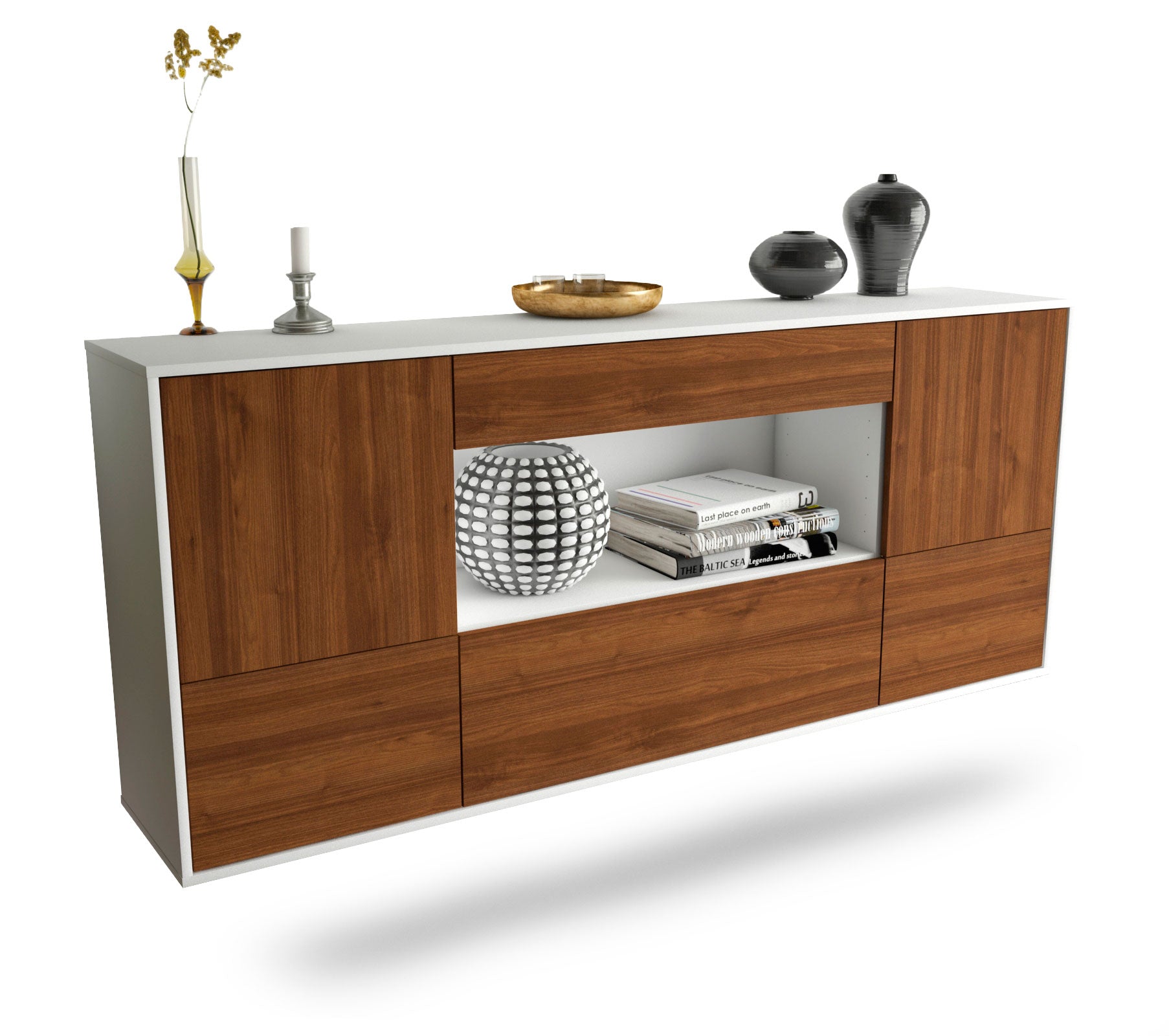 Sideboard East Los Angeles | hängend | Korpus Weiß | Front in Walnuss Holz Optik | 180x79x35cm (BxHxT) 1 Sideboard East Los Angeles | hängend | Korpus Weiß | Front in Walnuss Holz Optik | 180x79x35cm (BxHxT)