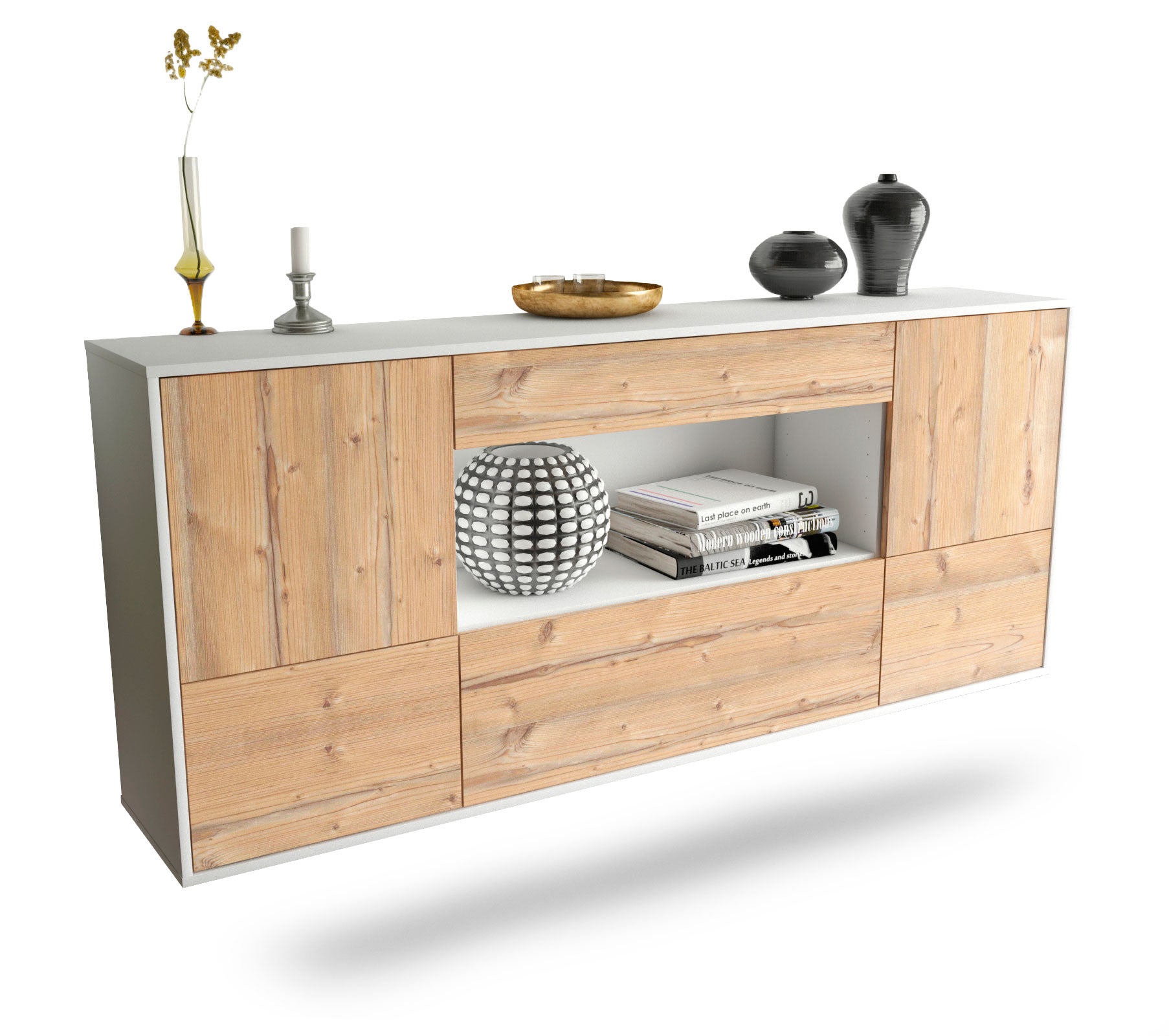 Sideboard East Los Angeles | hängend | Korpus Weiß | Front in Pinie Holz Optik | 180x79x35cm (BxHxT) 1 Sideboard East Los Angeles | hängend | Korpus Weiß | Front in Pinie Holz Optik | 180x79x35cm (BxHxT)