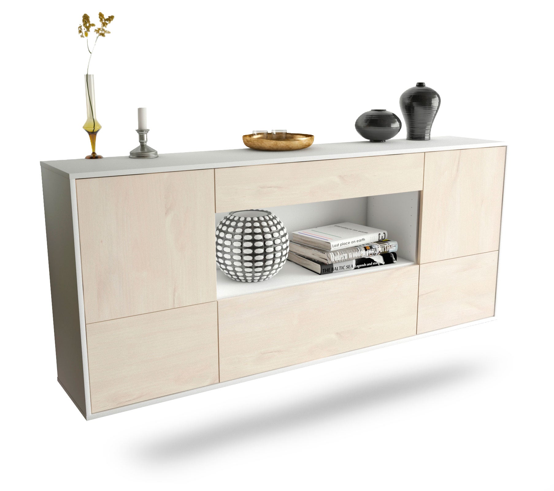 Sideboard East Los Angeles | hängend | Korpus Weiß | Front in Zeder Holz Optik | 180x79x35cm (BxHxT) 1 Sideboard East Los Angeles | hängend | Korpus Weiß | Front in Zeder Holz Optik | 180x79x35cm (BxHxT)