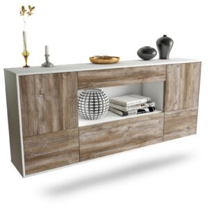 Sideboard East Los Angeles | hängend | Korpus Weiß | Front in Treibholz Holz Optik | 180x79x35cm (BxHxT)