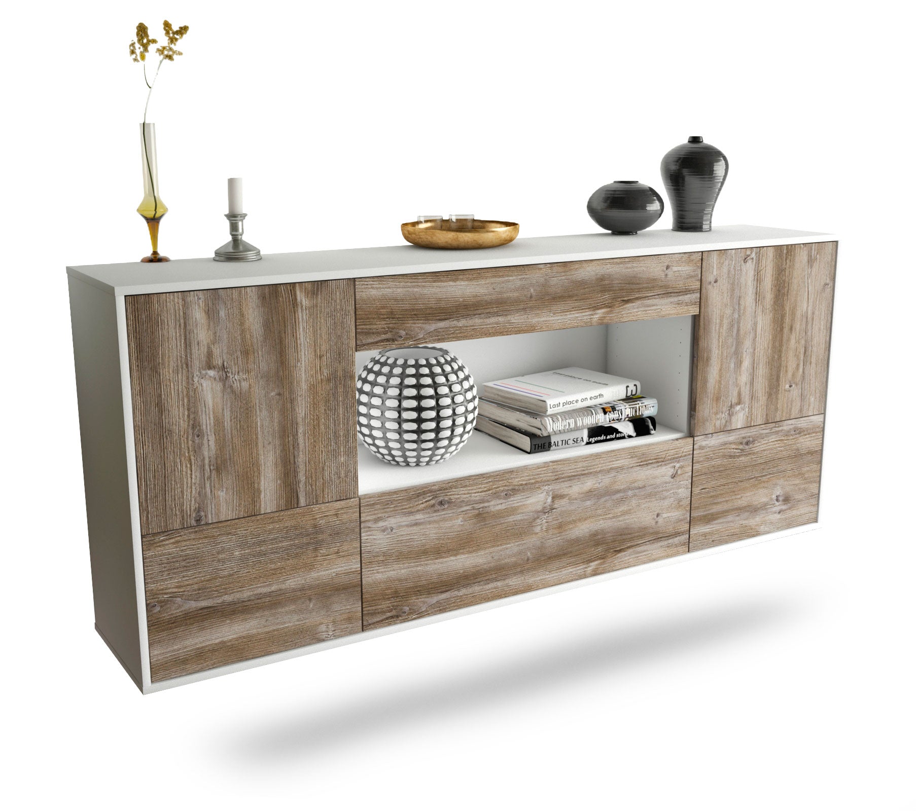 Sideboard East Los Angeles | hängend | Korpus Weiß | Front in Treibholz Holz Optik | 180x79x35cm (BxHxT) 1 Sideboard East Los Angeles | hängend | Korpus Weiß | Front in Treibholz Holz Optik | 180x79x35cm (BxHxT)