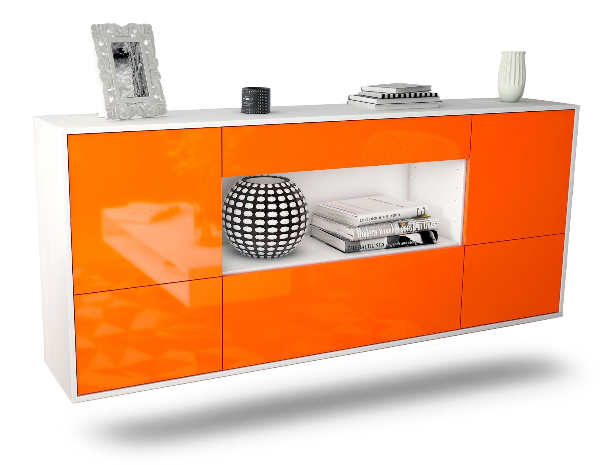 Sideboard East Los Angeles | hängend | Korpus Weiß | Front in Hochglanz Orange | 180x79x35cm (BxHxT) 1 Sideboard East Los Angeles | hängend | Korpus Weiß | Front in Hochglanz Orange | 180x79x35cm (BxHxT)