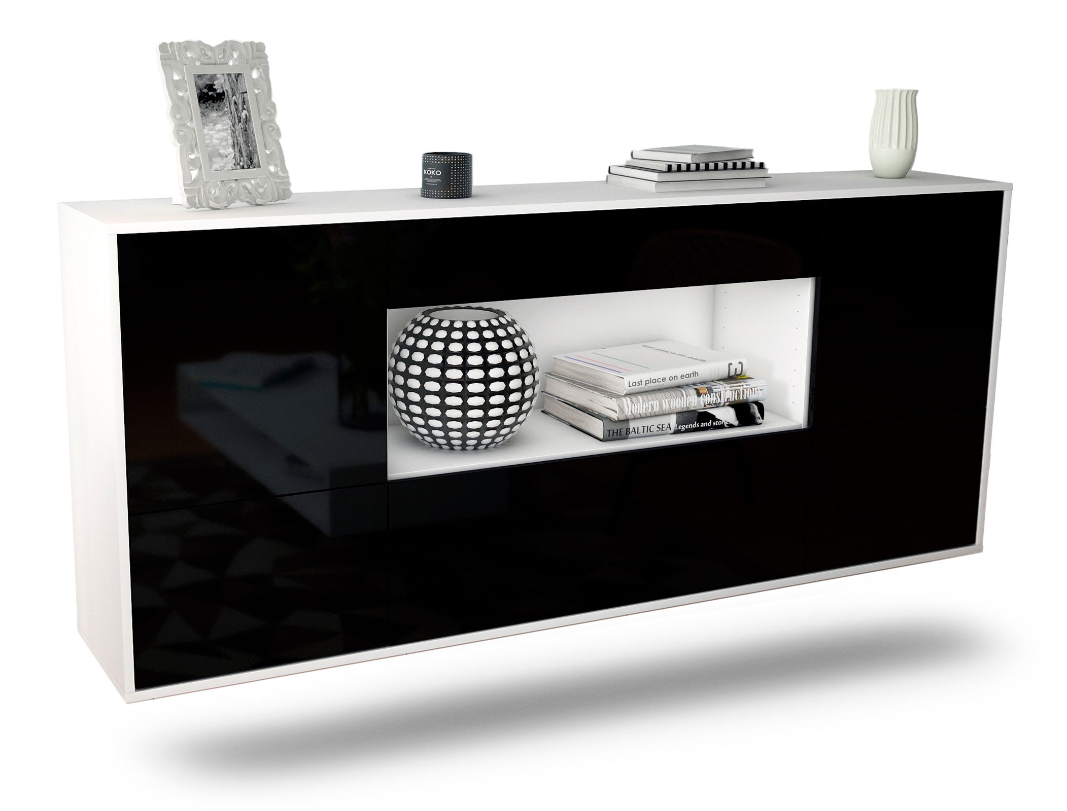 Sideboard East Los Angeles | hängend | Korpus Weiß | Front in Hochglanz Schwarz | 180x79x35cm (BxHxT) 1 Sideboard East Los Angeles | hängend | Korpus Weiß | Front in Hochglanz Schwarz | 180x79x35cm (BxHxT)