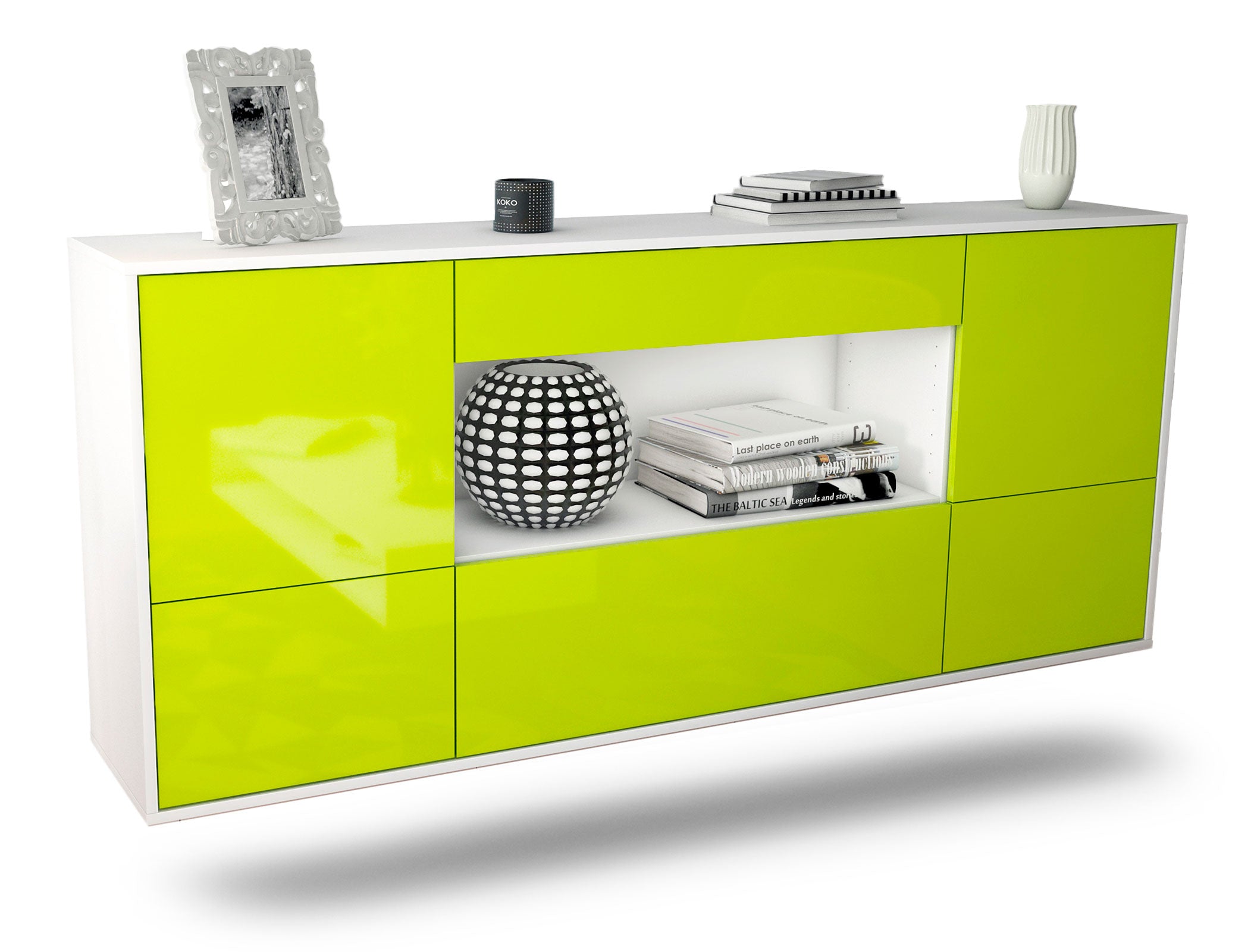Sideboard East Los Angeles | hängend | Korpus Weiß | Front in Hochglanz Grün | 180x79x35cm (BxHxT) 1 Sideboard East Los Angeles | hängend | Korpus Weiß | Front in Hochglanz Grün | 180x79x35cm (BxHxT)