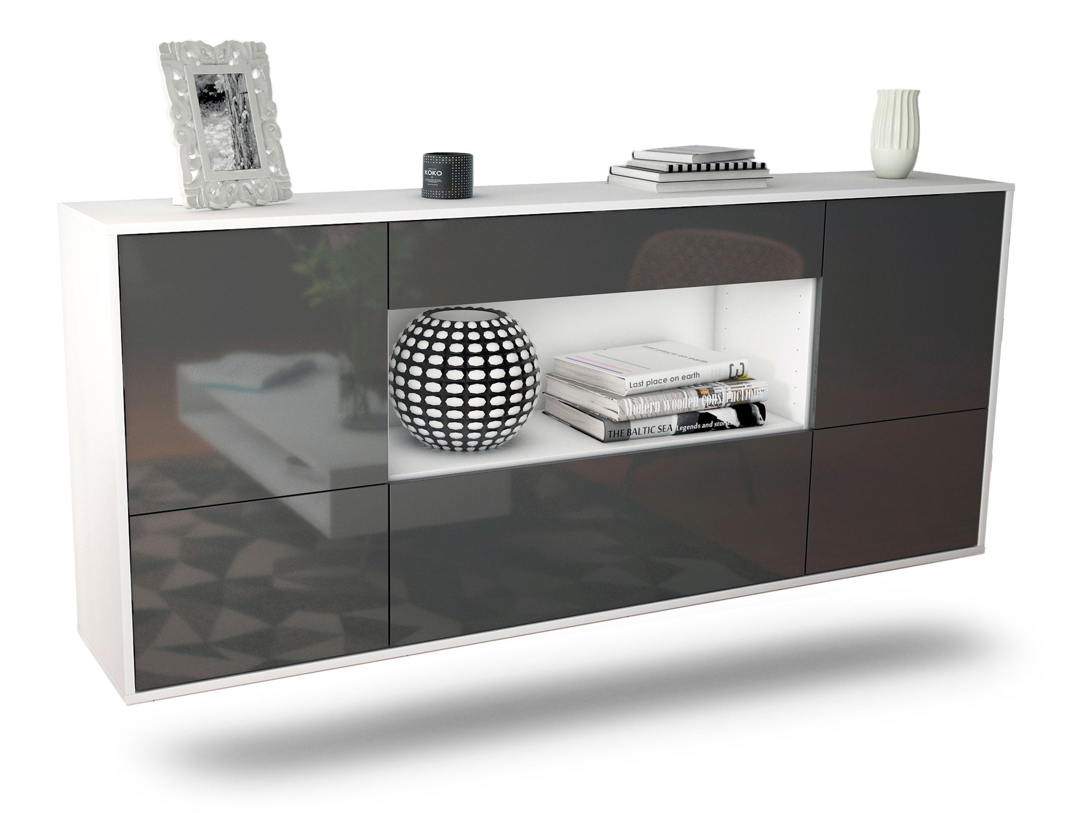 Sideboard East Los Angeles | hängend | Korpus Weiß | Front in Hochglanz Grau | 180x79x35cm (BxHxT) 1 Sideboard East Los Angeles | hängend | Korpus Weiß | Front in Hochglanz Grau | 180x79x35cm (BxHxT)