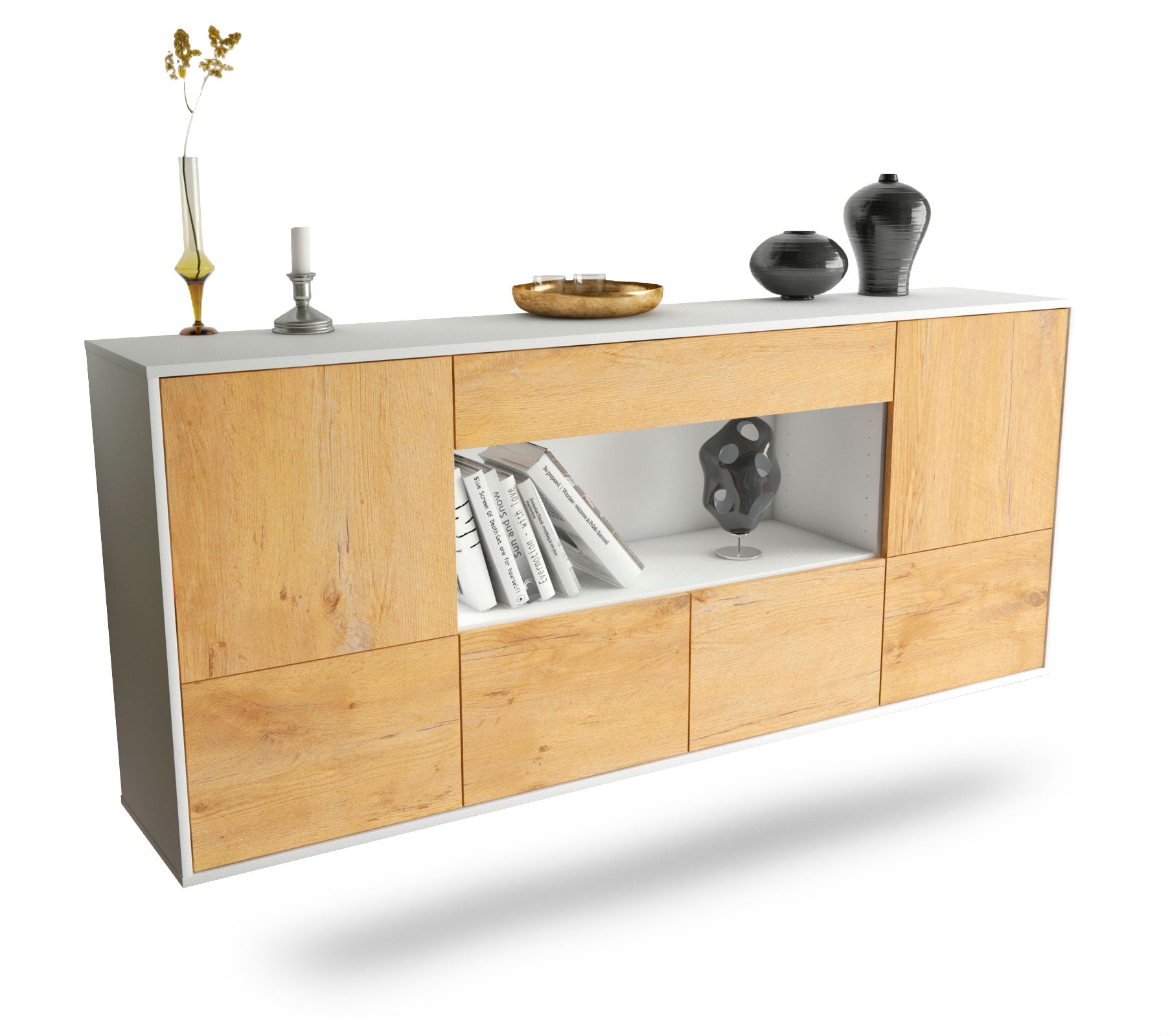 Sideboard Fullerton | hängend | Korpus Weiß | Front in Eiche Holz Optik | 180x79x35cm (BxHxT) 1 Sideboard Fullerton | hängend | Korpus Weiß | Front in Eiche Holz Optik | 180x79x35cm (BxHxT)