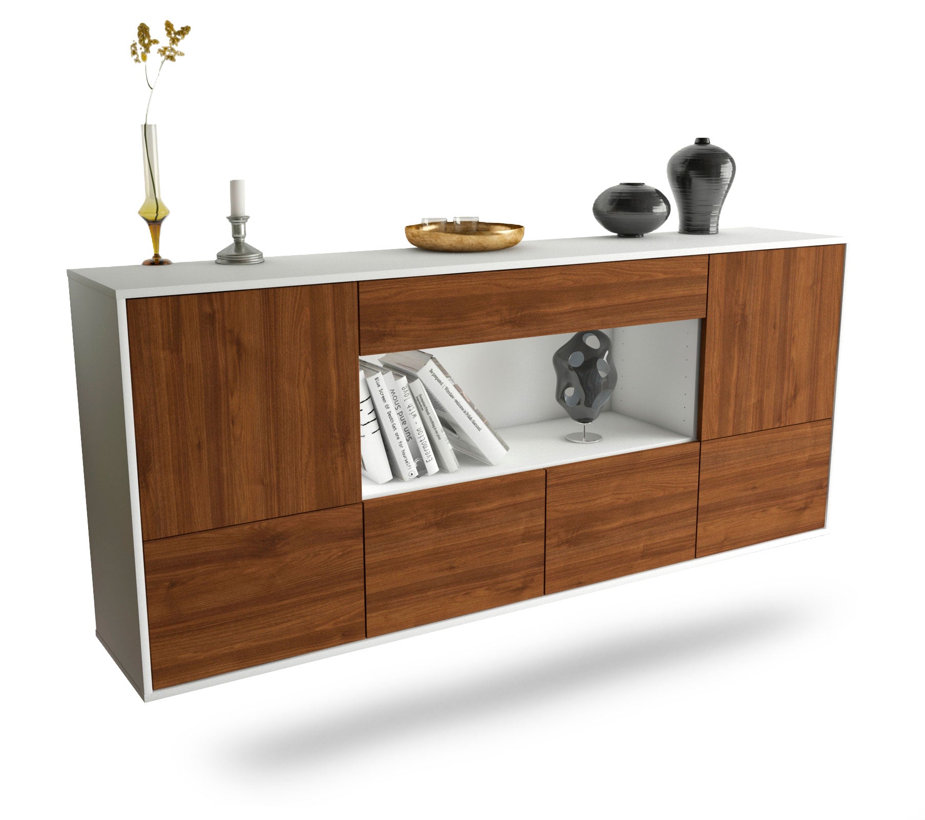 Sideboard Fullerton | hängend | Korpus Weiß | Front in Walnuss Holz Optik | 180x79x35cm (BxHxT) 1 Sideboard Fullerton | hängend | Korpus Weiß | Front in Walnuss Holz Optik | 180x79x35cm (BxHxT)