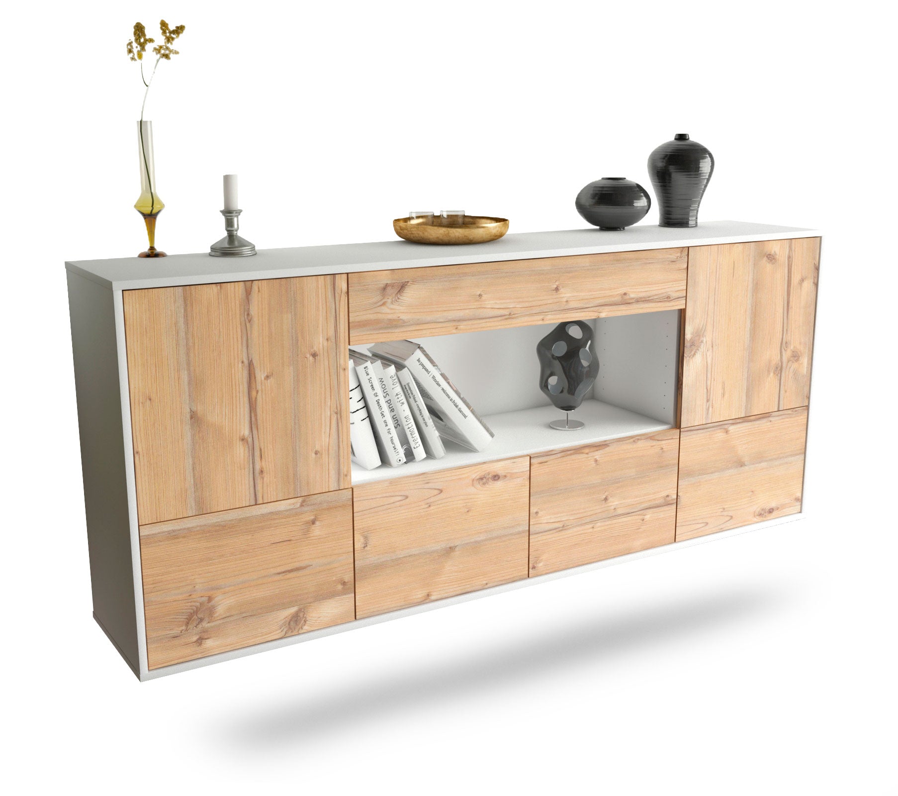 Sideboard Fullerton | hängend | Korpus Weiß | Front in Pinie Holz Optik | 180x79x35cm (BxHxT) 1 Sideboard Fullerton | hängend | Korpus Weiß | Front in Pinie Holz Optik | 180x79x35cm (BxHxT)