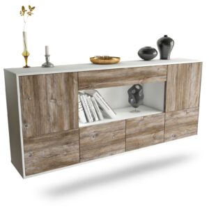 Sideboard Fullerton | hängend | Korpus Weiß | Front in Treibholz Holz Optik | 180x79x35cm (BxHxT)