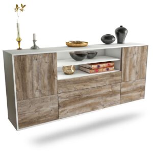 Sideboard Elk Grove | hängend | Korpus Weiß | Front in Treibholz Holz Optik | 180x79x35cm (BxHxT)