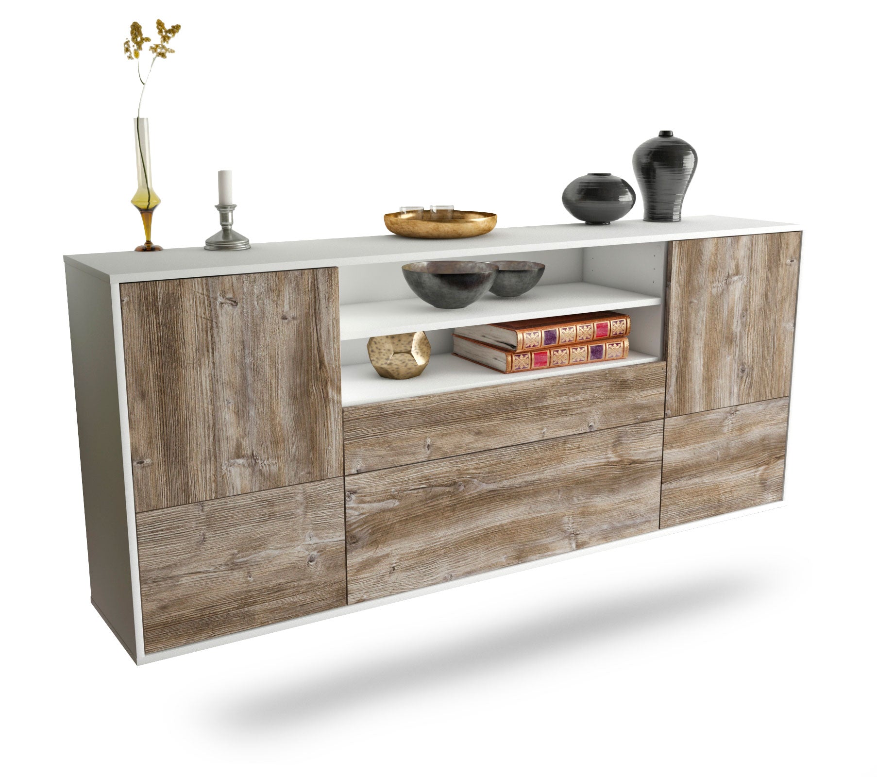 Sideboard Elk Grove | hängend | Korpus Weiß | Front in Treibholz Holz Optik | 180x79x35cm (BxHxT) 1 Sideboard Elk Grove | hängend | Korpus Weiß | Front in Treibholz Holz Optik | 180x79x35cm (BxHxT)