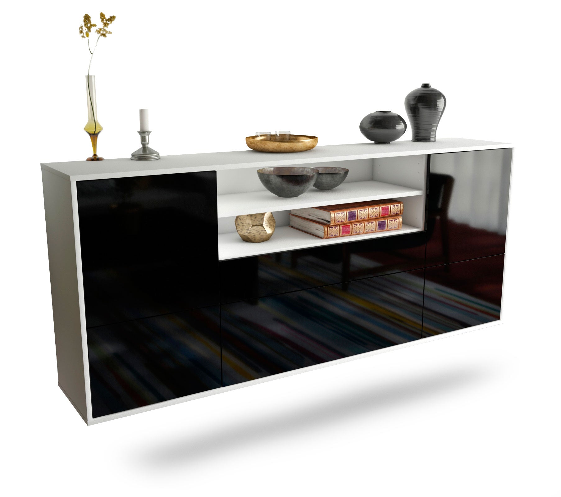 Sideboard Elk Grove | hängend | Korpus Weiß | Front in Hochglanz Schwarz | 180x79x35cm (BxHxT) 1 Sideboard Elk Grove | hängend | Korpus Weiß | Front in Hochglanz Schwarz | 180x79x35cm (BxHxT)