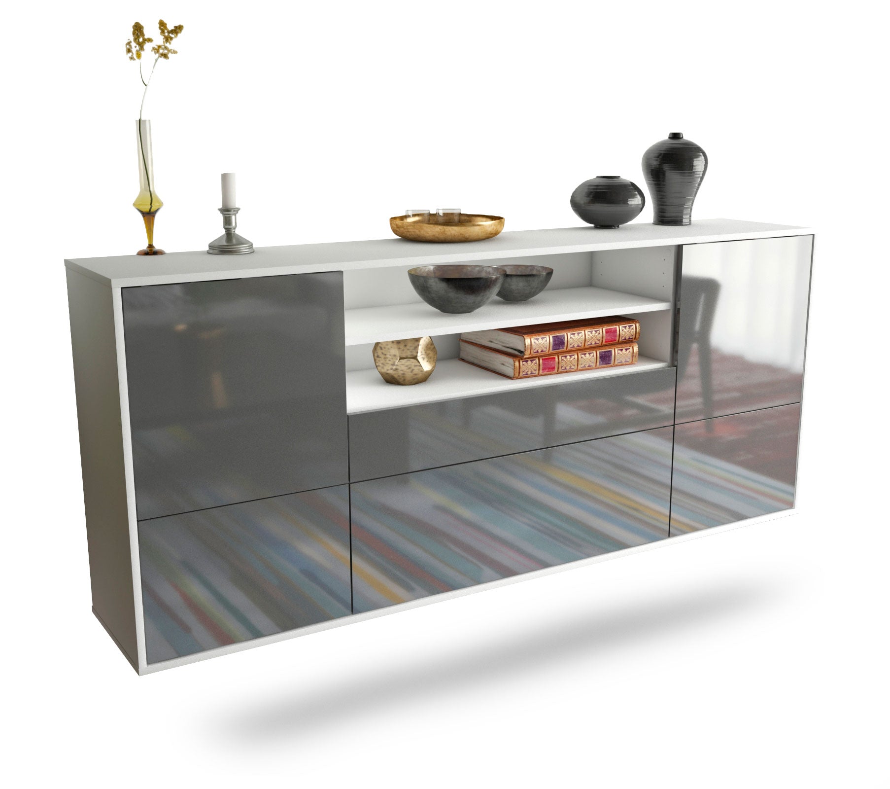 Sideboard Elk Grove | hängend | Korpus Weiß | Front in Hochglanz Grau | 180x79x35cm (BxHxT) 1 Sideboard Elk Grove | hängend | Korpus Weiß | Front in Hochglanz Grau | 180x79x35cm (BxHxT)