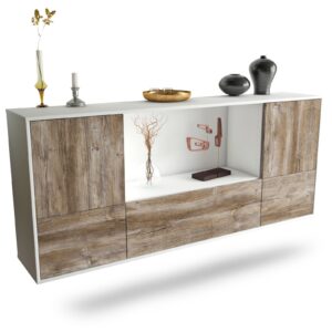 Sideboard Sunnyvale | hängend | Korpus Weiß | Front in Treibholz Holz Optik | 180x79x35cm (BxHxT)