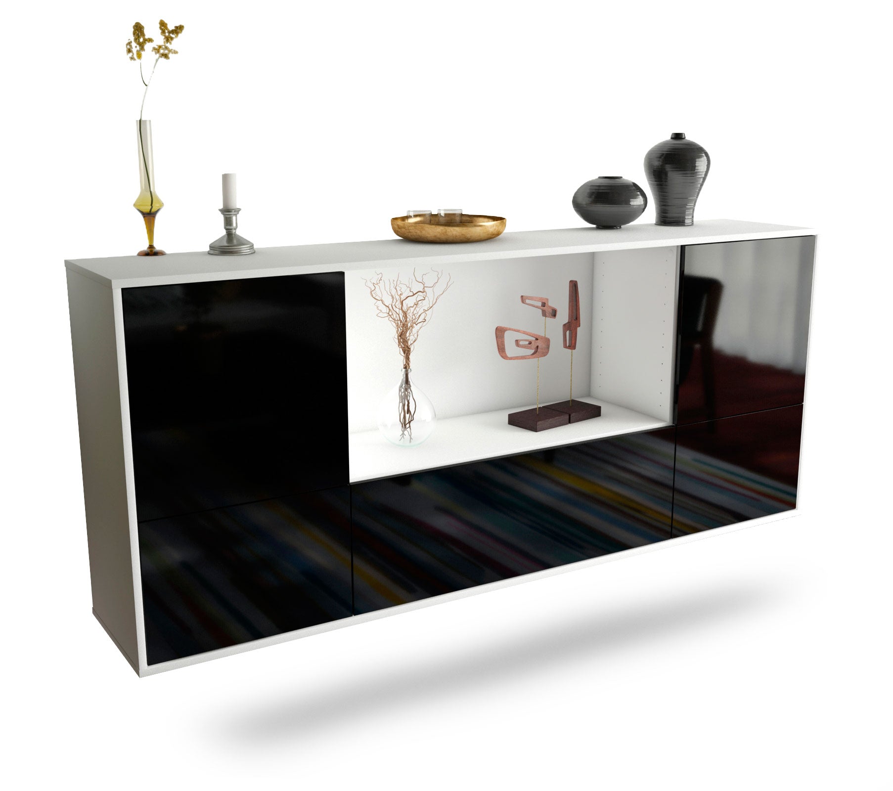 Sideboard Sunnyvale | hängend | Korpus Weiß | Front in Hochglanz Schwarz | 180x79x35cm (BxHxT) 1 Sideboard Sunnyvale | hängend | Korpus Weiß | Front in Hochglanz Schwarz | 180x79x35cm (BxHxT)