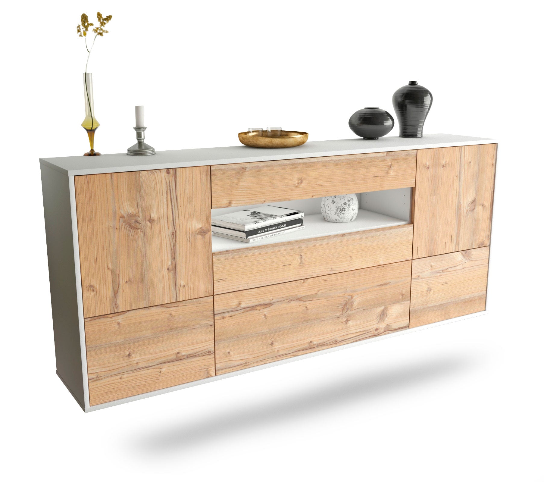 Sideboard Savannah | hängend | Korpus Weiß | Front in Pinie Holz Optik | 180x79x35cm (BxHxT) 1 Sideboard Savannah | hängend | Korpus Weiß | Front in Pinie Holz Optik | 180x79x35cm (BxHxT)