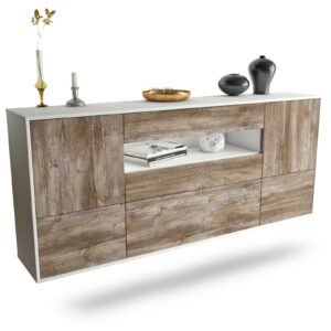 Sideboard Savannah | hängend | Korpus Weiß | Front in Treibholz Holz Optik | 180x79x35cm (BxHxT)