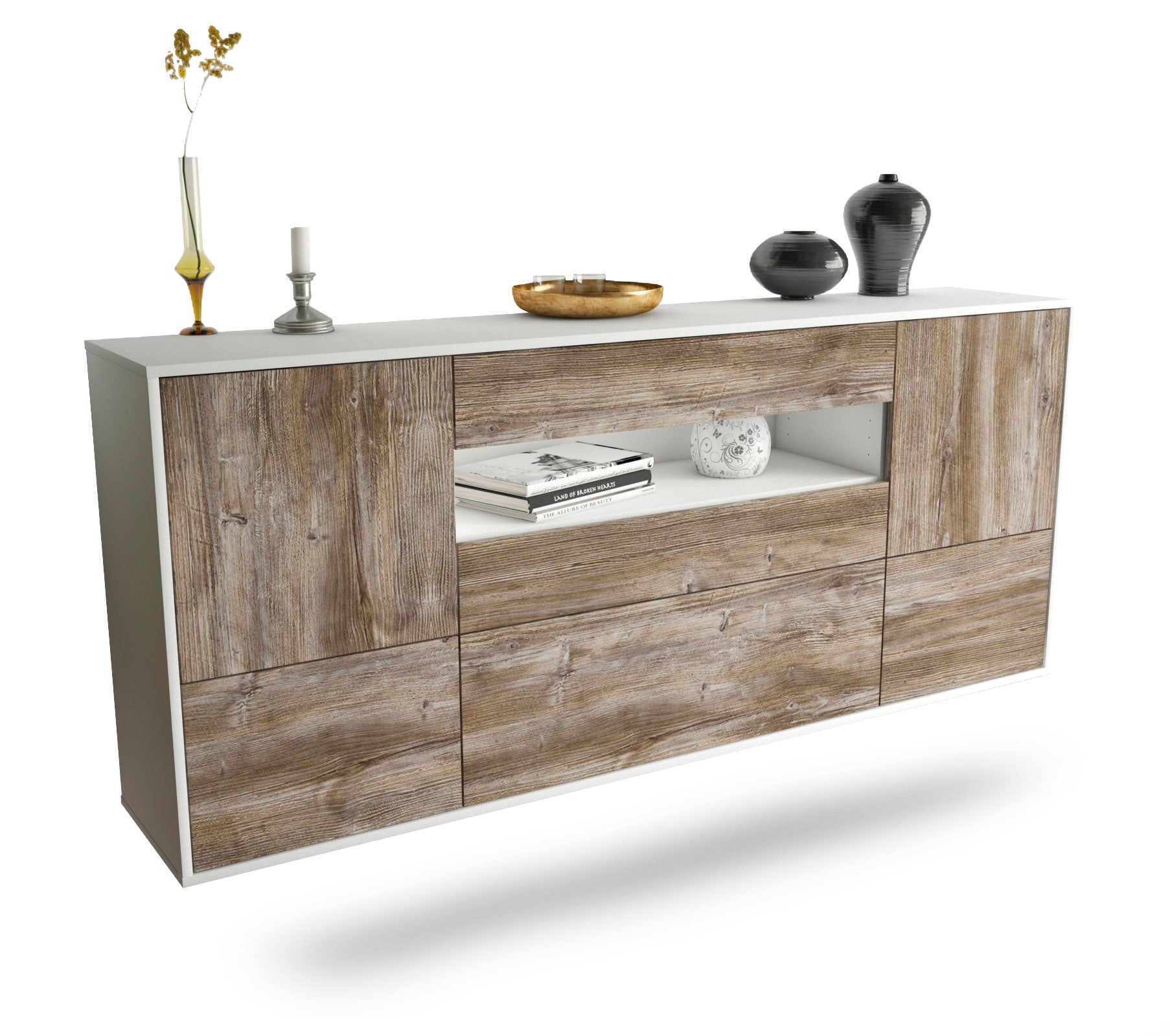 Sideboard Savannah | hängend | Korpus Weiß | Front in Treibholz Holz Optik | 180x79x35cm (BxHxT) 1 Sideboard Savannah | hängend | Korpus Weiß | Front in Treibholz Holz Optik | 180x79x35cm (BxHxT)