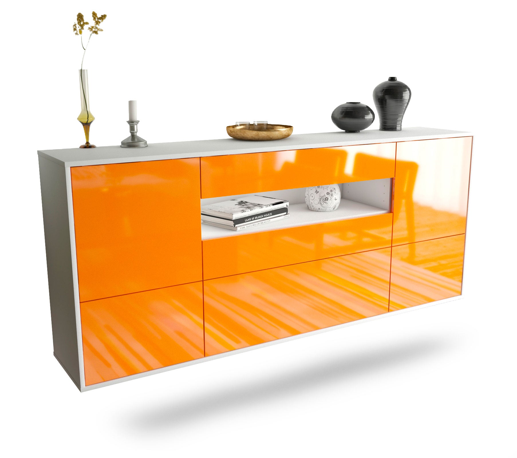 Sideboard Savannah | hängend | Korpus Weiß | Front in Hochglanz Orange | 180x79x35cm (BxHxT) 1 Sideboard Savannah | hängend | Korpus Weiß | Front in Hochglanz Orange | 180x79x35cm (BxHxT)