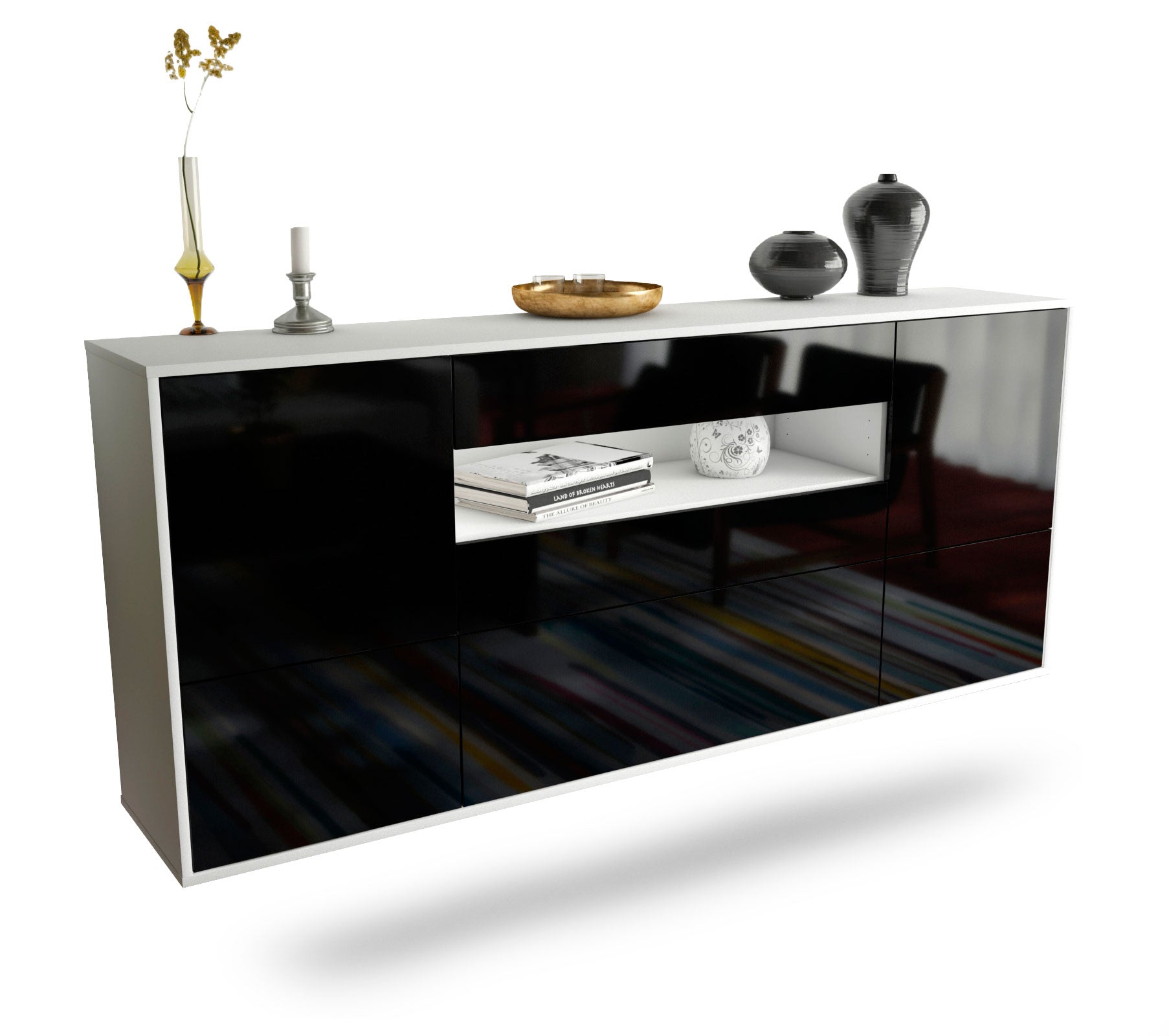 Sideboard Savannah | hängend | Korpus Weiß | Front in Hochglanz Schwarz | 180x79x35cm (BxHxT) 1 Sideboard Savannah | hängend | Korpus Weiß | Front in Hochglanz Schwarz | 180x79x35cm (BxHxT)