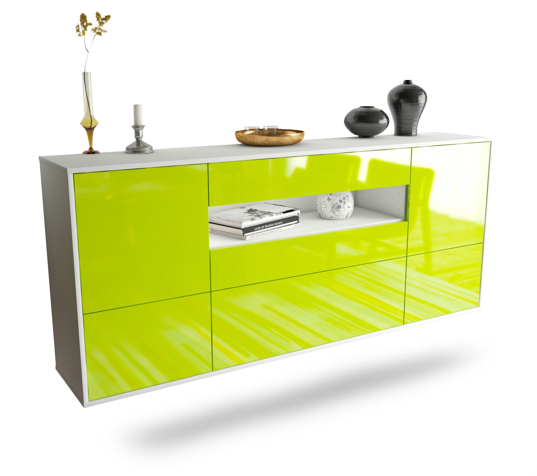 Sideboard Savannah | hängend | Korpus Weiß | Front in Hochglanz Grün | 180x79x35cm (BxHxT) 1 Sideboard Savannah | hängend | Korpus Weiß | Front in Hochglanz Grün | 180x79x35cm (BxHxT)