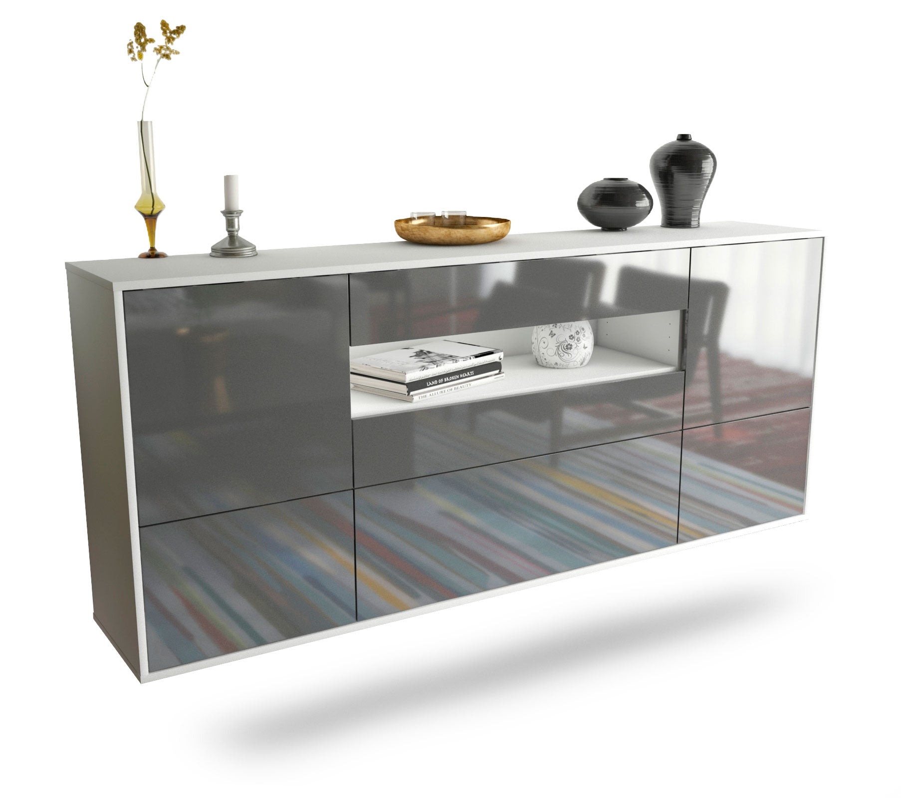 Sideboard Savannah | hängend | Korpus Weiß | Front in Hochglanz Grau | 180x79x35cm (BxHxT) 1 Sideboard Savannah | hängend | Korpus Weiß | Front in Hochglanz Grau | 180x79x35cm (BxHxT)