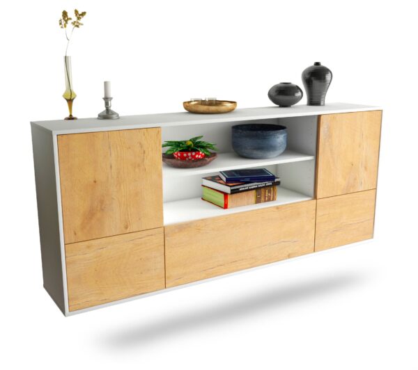Sideboard Sterling Heights | hängend | Korpus Weiß | Front in Eiche Holz Optik | 180x79x35cm (BxHxT)