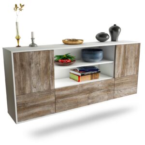 Sideboard Sterling Heights | hängend | Korpus Weiß | Front in Treibholz Holz Optik | 180x79x35cm (BxHxT)