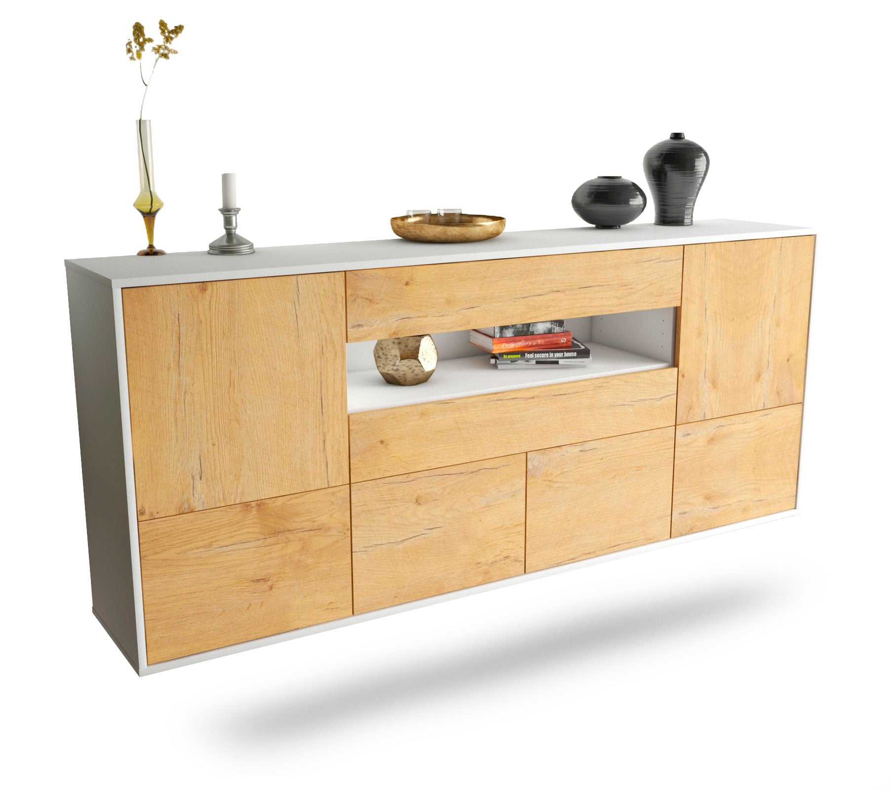 Sideboard McAllen | hängend | Korpus Weiß | Front in Eiche Holz Optik | 180x79x35cm (BxHxT) 1 Sideboard McAllen | hängend | Korpus Weiß | Front in Eiche Holz Optik | 180x79x35cm (BxHxT)