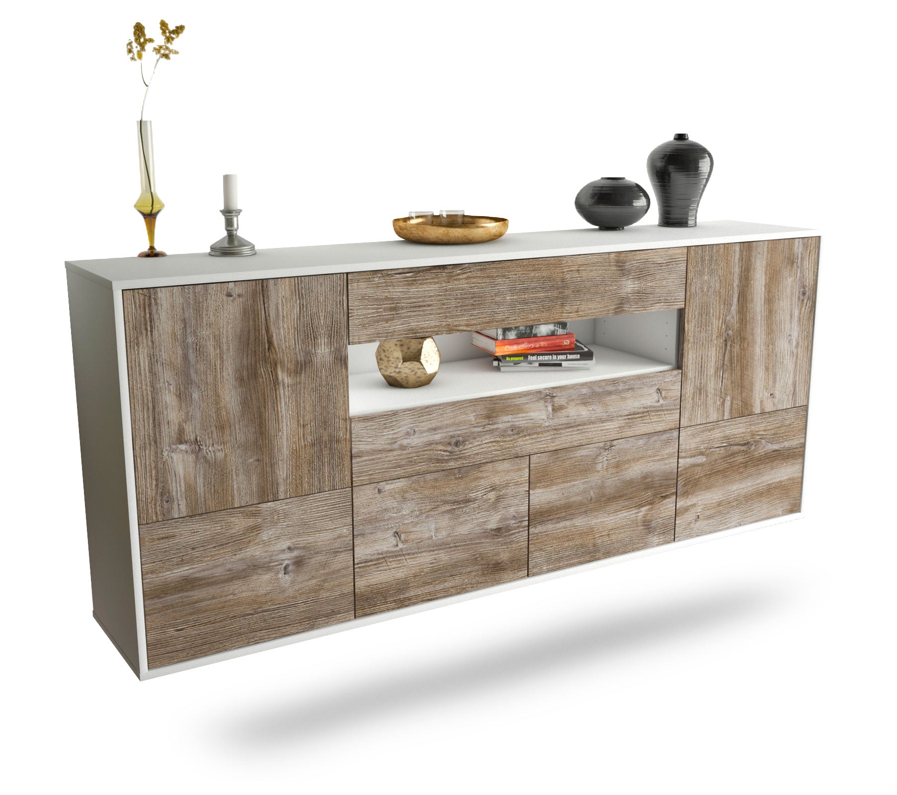 Sideboard McAllen | hängend | Korpus Weiß | Front in Treibholz Holz Optik | 180x79x35cm (BxHxT) 1 Sideboard McAllen | hängend | Korpus Weiß | Front in Treibholz Holz Optik | 180x79x35cm (BxHxT)