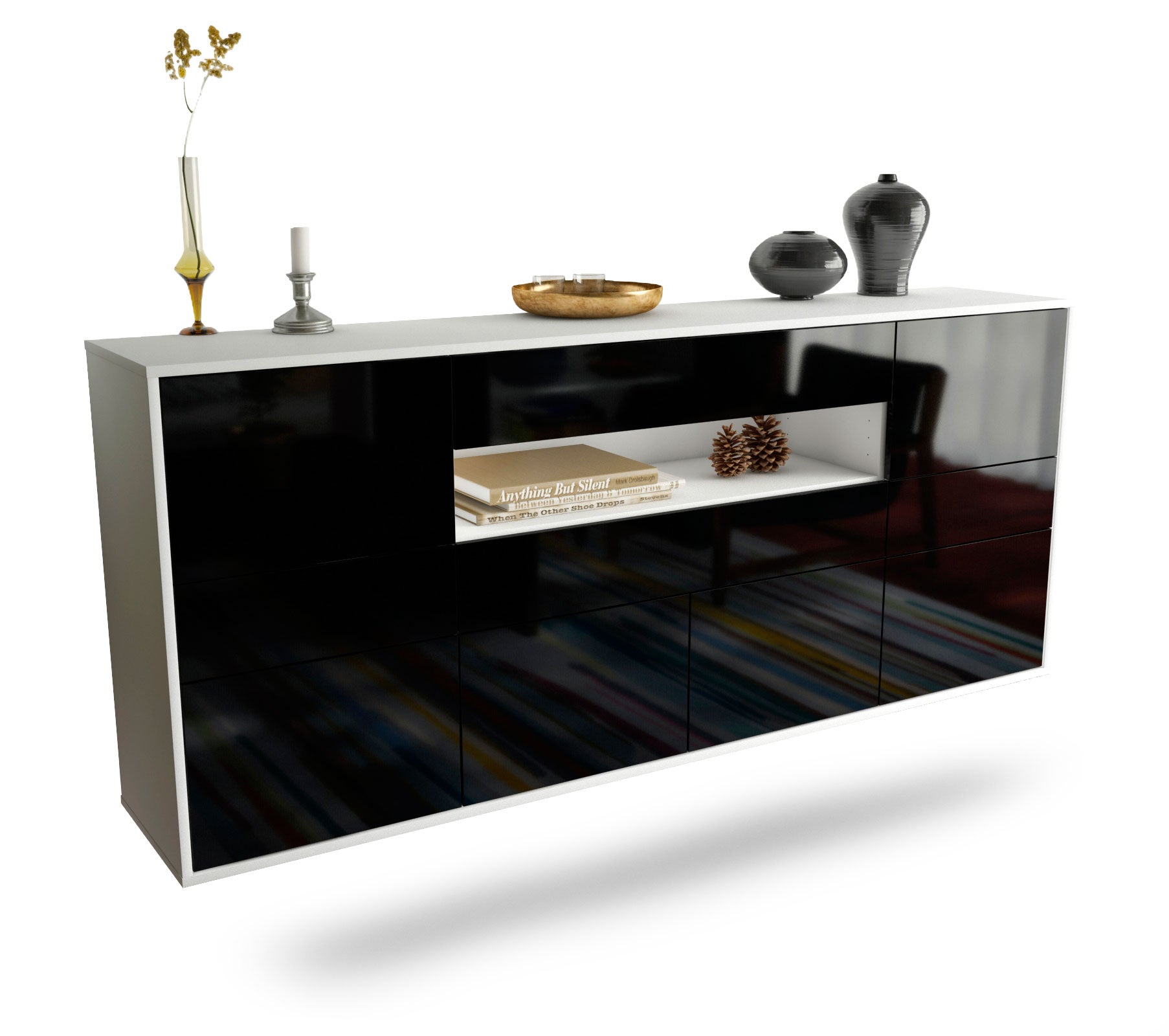 Sideboard Coral Springs | hängend | Korpus Weiß | Front in Hochglanz Schwarz | 180x79x35cm (BxHxT) 1 Sideboard Coral Springs | hängend | Korpus Weiß | Front in Hochglanz Schwarz | 180x79x35cm (BxHxT)