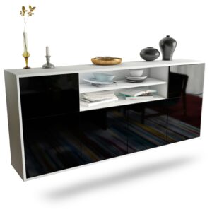 Sideboard Cedar Rapids | hängend | Korpus Weiß | Front in Hochglanz Schwarz | 180x79x35cm (BxHxT)